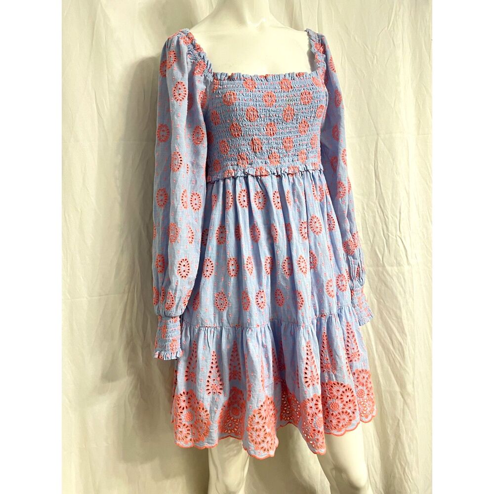 Lilly Pulitzer Rainna Eyelet Smocked Dress Blue Peri Chambray Dobby Eye Small - Picture 5 of 11